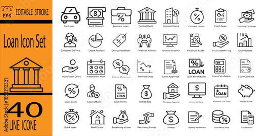 Loan and finance line icon featuring car loan, bank deposit, business investment, central bank, corporate finance, credit score, currency exchange, and more 40 vector icon set vector illustration