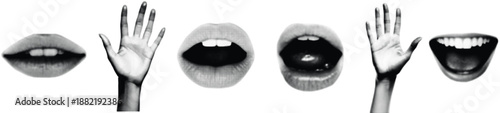 Halftone lips hands open mouth art collage cut outs set Vintage dot texture retro grunge mixed media illustration monochrome graphic design