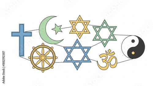 Diverse religious symbols connected together representing unity and tolerance in simple line art style