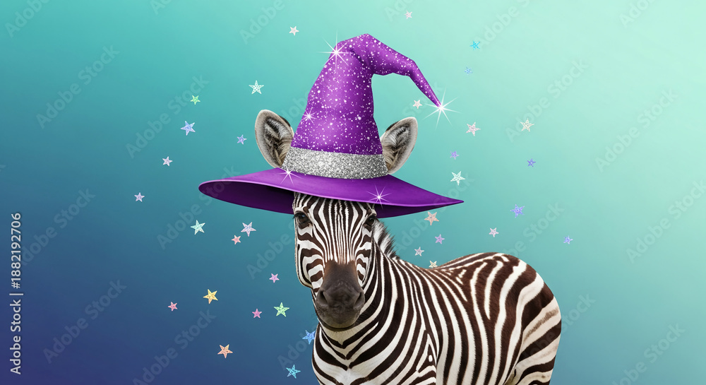 Fototapeta premium Zebra with black and white stripe wearing purple witch hat and shiny stars. Represents imagination, costume, magic, and animal representation