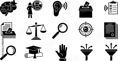 Simple black silhouette icons set featuring brain puzzle, teacher pointing globe, ear with sound waves, ballot box voting, checklist and education symbols