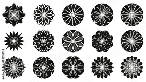 Collection of black and white circular floral designs.