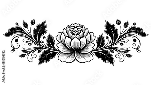 Black and white floral design with leaves and flowers.
