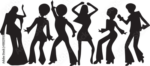 Black silhouettes of six people dancing in various poses