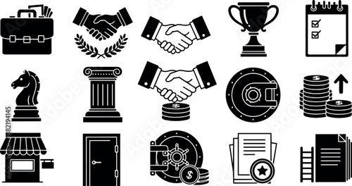 Black silhouette vector icons of handshake, briefcase, trophy, safe, coins, column, knight chess piece, documents, and storefront for business and finance concepts