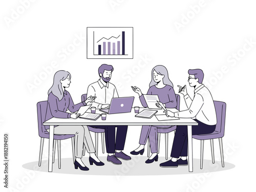 Group of business people sitting around table with laptops and papers discussing graph on wall