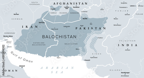 Balochistan, gray political map. Historical region in West and South Asia, split among the countries Iran, Afghanistan, and Pakistan, with a long coastline along Arabian Sea, and Gulf of Oman. Vector