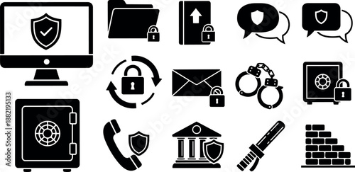 Black icons set of security and protection elements with shield lock handcuffs safe phone vault digital folder and brick wall