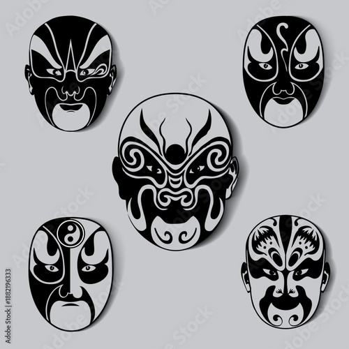The image features five traditional Chinese opera masks, showcasing intricate designs in black and white, representing various characters and emotions.
