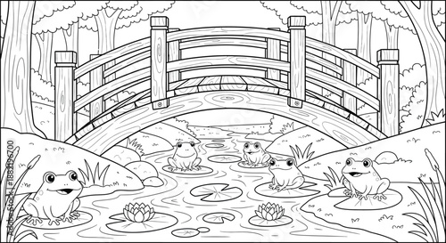 Charming black and white illustration depicts several happy frogs resting upon lily pads in a serene pond below a rustic wooden arched bridge surrounded by woodland trees and cattails perfect for colo