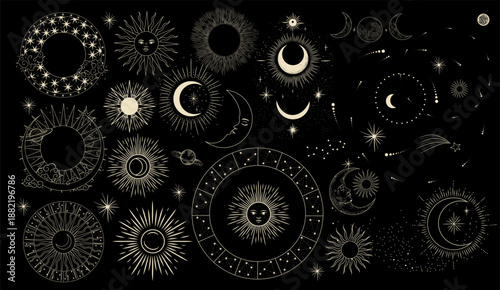 Vector illustration set of moon phases. Different stages of moonlight activity in vintage engraving style. Zodiac Signs	
