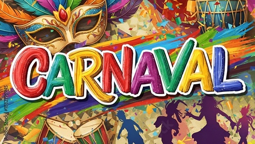 Letreiro Carnaval com estilo artístico pintado à mão e cores vibrantes e alegres