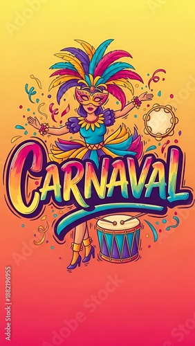 Letreiro Carnaval com estilo artístico pintado à mão e cores vibrantes e alegres