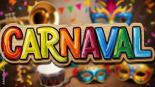 Letreiro Carnaval com estilo artístico pintado à mão e cores vibrantes e alegres
