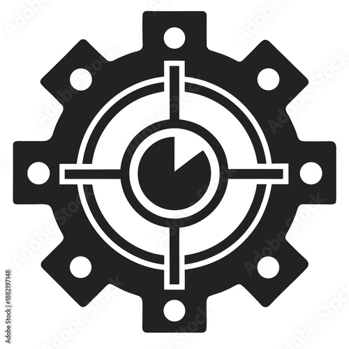 Title: A black and white of a mechanical gear with a central crosshair and eight protruding arms