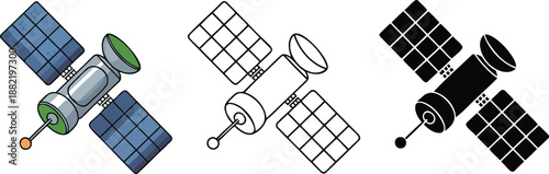 Communication satellite silhouette & Outline and illustration set isolated on transparent background