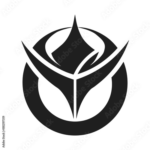 Title: A stylized black and white circular featuring an eye with a triangular pupil and eyelashes