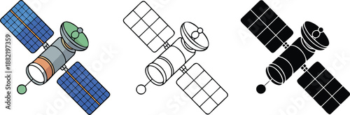 Communication satellite silhouette & Outline and illustration set isolated on transparent background