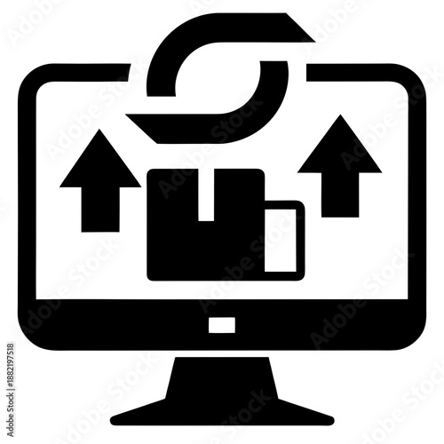 Title: A black and white of a computer monitor with arrows indicating data transfer or