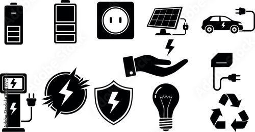 Black silhouette energy icons with solar panel electric car charging station hand holding lightning bolt and recycling symbols