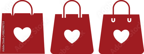 Three red shopping bags with heart cutout designs perfect for branding or marketing on transparent background high-quality professional detailed modern