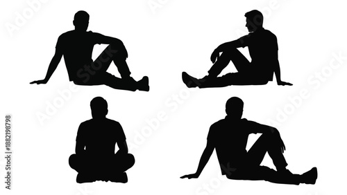 black silhouettes of four people sitting in various relaxed postures against a white background