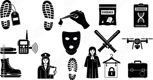 Silhouette vector icons set with police footsteps, evidence bag, masked face, baton, drone, detective and judge in forensic investigation theme