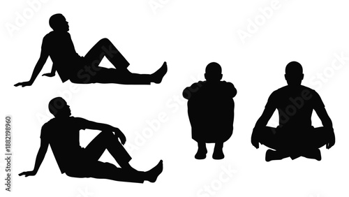 silhouettes depicting various seated and reclining poses of people in a black vector graphic