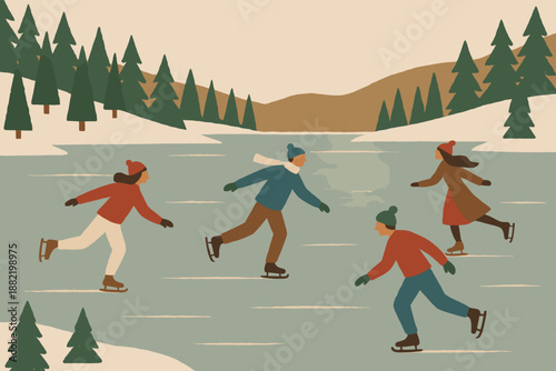 Digital flat icon layout skaters frozen numbers vector lake clean models no