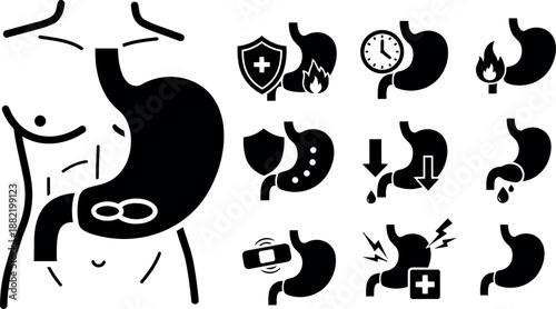 Black silhouette stomach icons with reflux acid burn pain protection and time symbols for digestive health vector set