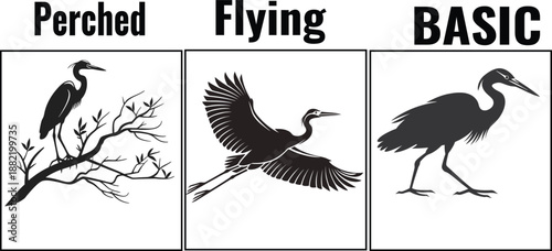 Heron Flying and Perched Bird Silhouettes in Clean Black Minimal Vector Style