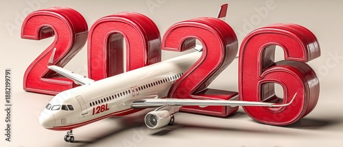 Airplane flying into the future with 2026 vision