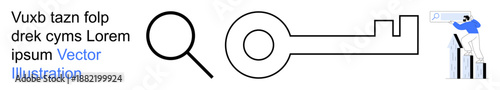 Business analysis, data search, cybersecurity, teamwork, success planning, information access. Magnifying glass, key and professional analyzing a graph. Business analysis and data search concept