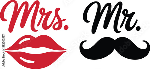 Couple symbols mrs. and mr. with lips and mustache