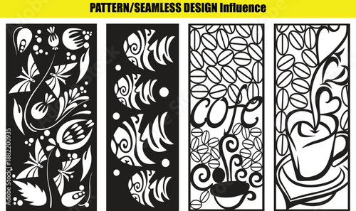 And seamless patterns with coffee beans and floral