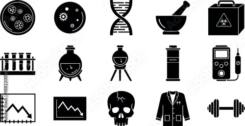 Black silhouettes of laboratory icons including petri dish culture, dna helix, chemical flasks, biohazard box, test tubes and skull symbols in flat design