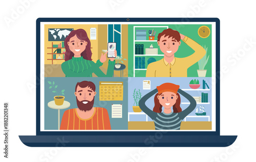 Online video conference meeting on laptop screen. Vector illustration