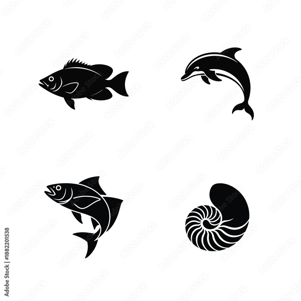 Fototapeta premium Sea Animal Vector Silhouette Bundle