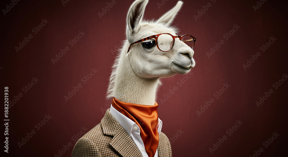 Fototapeta premium Portrait of llama with glasses and tweed jacket, on a solid background, representing elegance, sophistication, and unconventional style