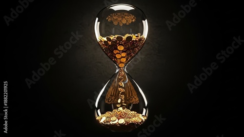 Golden coins flowing in an elegant hourglass symbolizing time, wealth, and financial investment