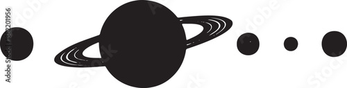 A minimalist silhouette depiction of a ringed planet system with surrounding celestial bodies