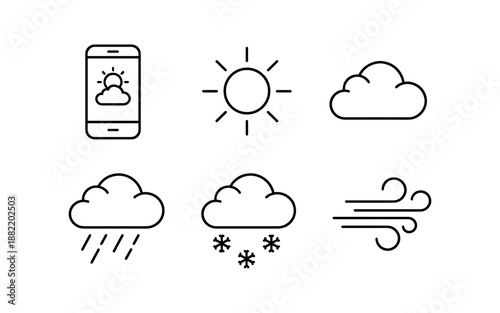 Collection of weather icons including smartphone app, sun, clouds, rain, snow, and wind