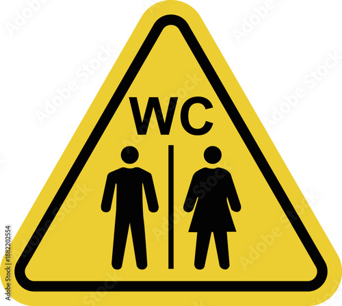 Toilet. WC. Toilet or sanitary area. Public toilet. Yellow warning road sign. Men's and women's toilets.