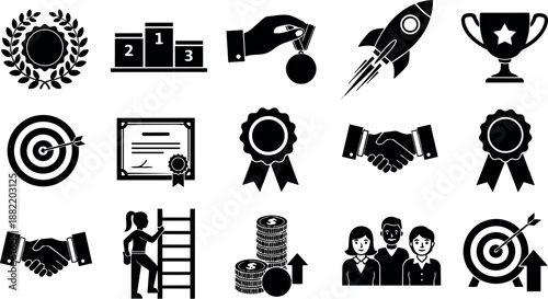 Black flat design business achievement icons including award medal trophy handshake target certificate ladder and rocket launch