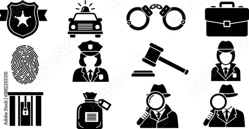 Black silhouette icons set of police badge car handcuffs briefcase fingerprint officer gavel jail bag detective investigation magnifying glass