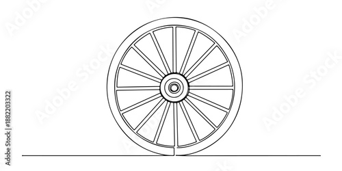 Continuous one-line drawing of a wagon wheel, representing rural charm and travel. Line art style vector illustration.
