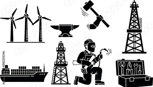Industrial worker welding oil rig platform near toolbox and anvil with wind turbines and cargo ship silhouettes vector icons