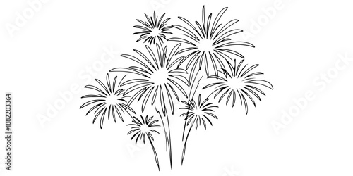 Continuous one line drawing of fireworks exploding in the sky, symbolizing celebration and joy, line art style vector illustration.