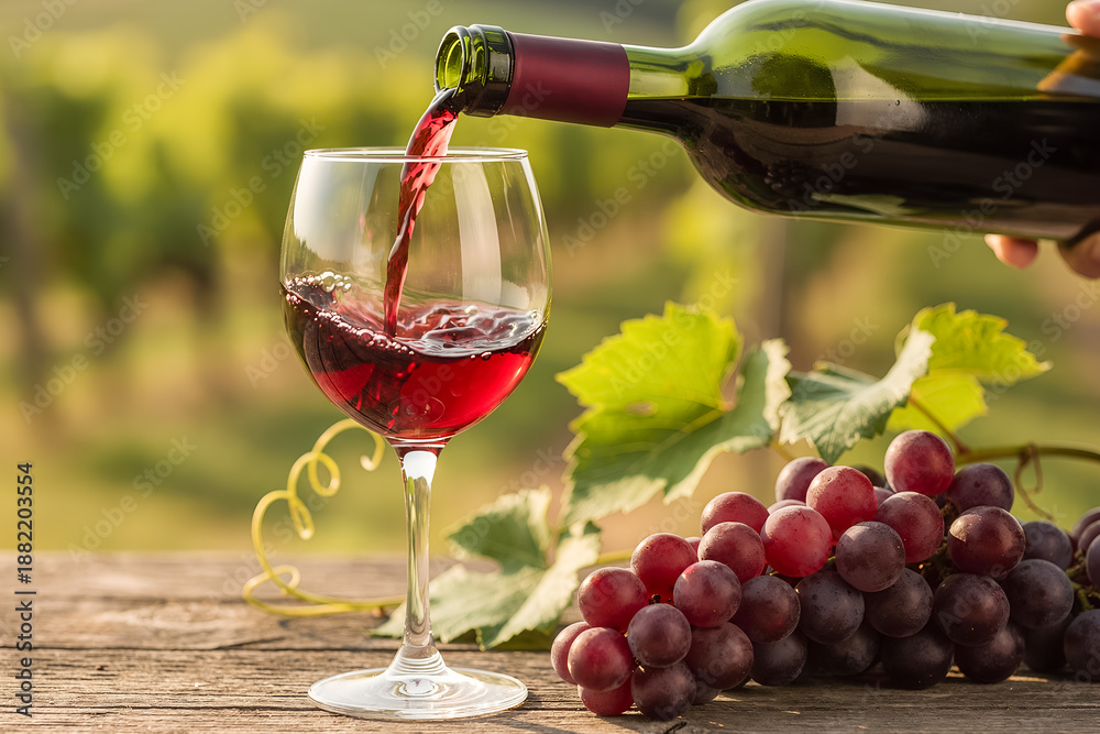 Fototapeta premium Red wine being poured from a glass bottle into a wine glass with ripe purple grapes nearby. Perfect for winery branding, wine tasting promotions, restaurant menus, vineyards, and lifestyle design.