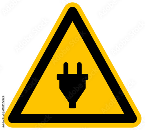 Señal de peligro amarilla con enchufe eléctrico vector concepto de energía electricidad voltaje seguridad industrial advertencia técnica mantenimiento y suministro de potencia